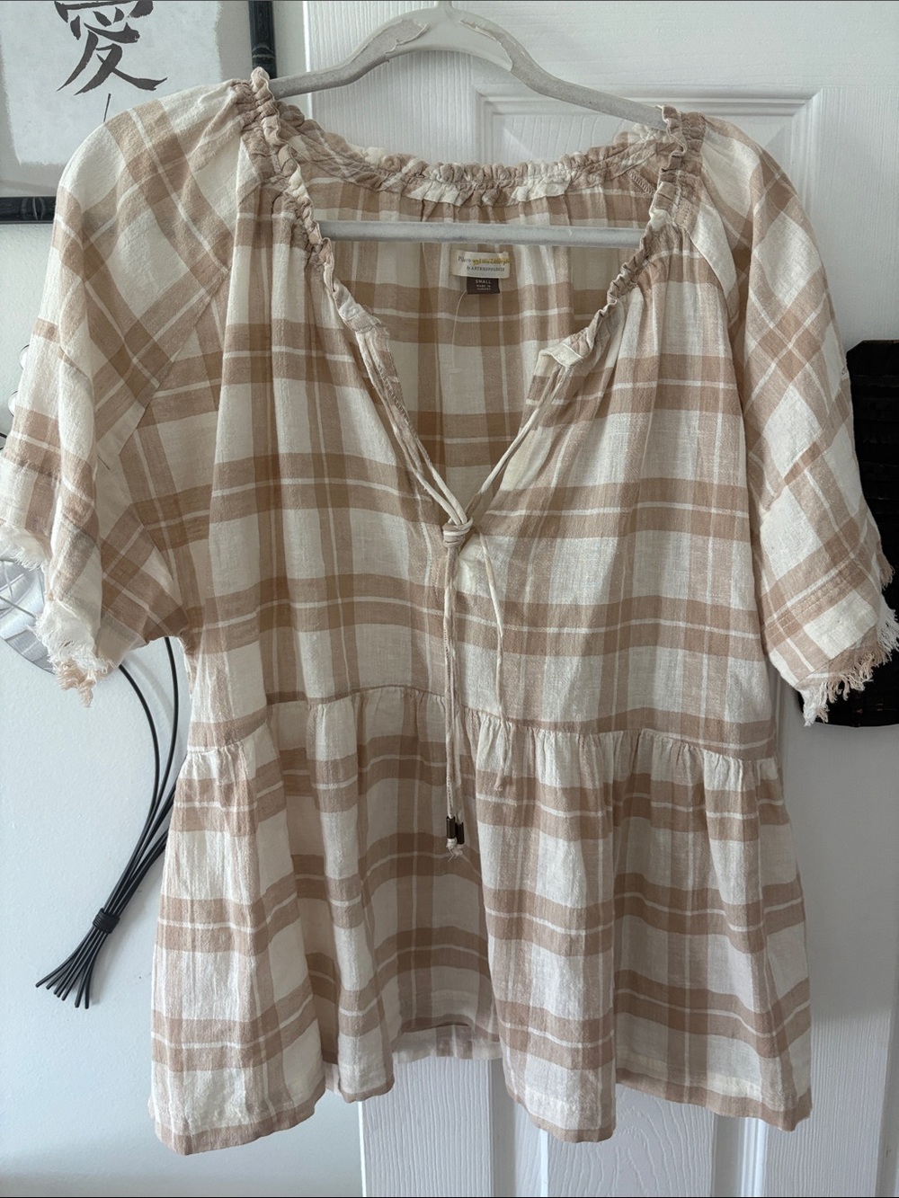 Pilcro Cream and Light Tan Plaid Peasant Tunic